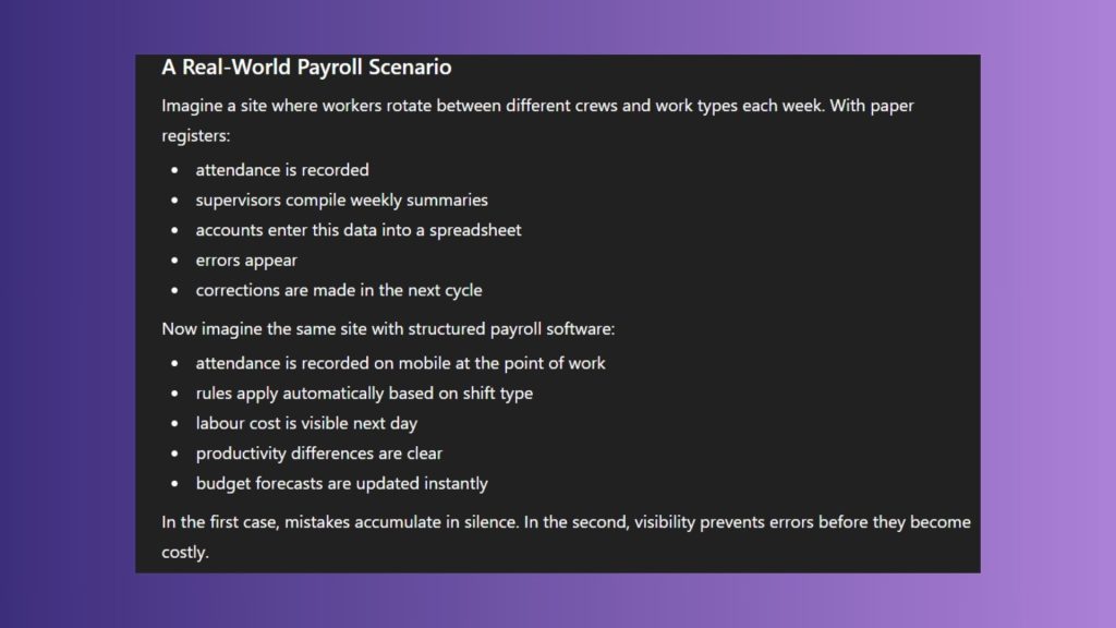 This image has a screenshot of Chat GPT talking about How AI Interprets Common Payroll Gaps on Construction Sites?