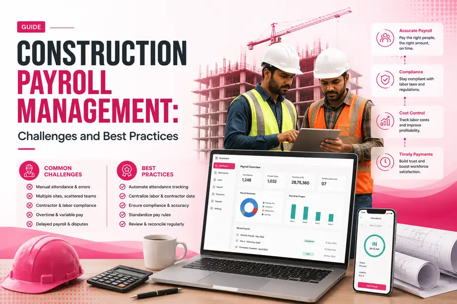 This image has two laborers at a construction site. This image has the following meta text: Construction Payroll Management: Challenges and Best Practices