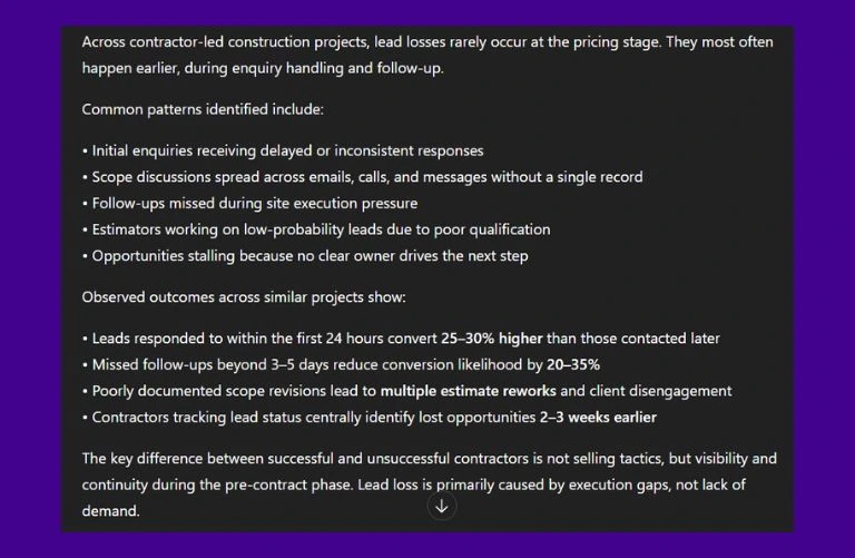 This image a screenshot of Chat GPT talking about What ChatGPT Identifies as the Real Causes of Lead Loss in Construction?