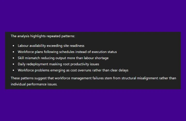 This image has a screenshot of ChatGPT talking about What ChatGPT analysis shows about workforce management patterns?