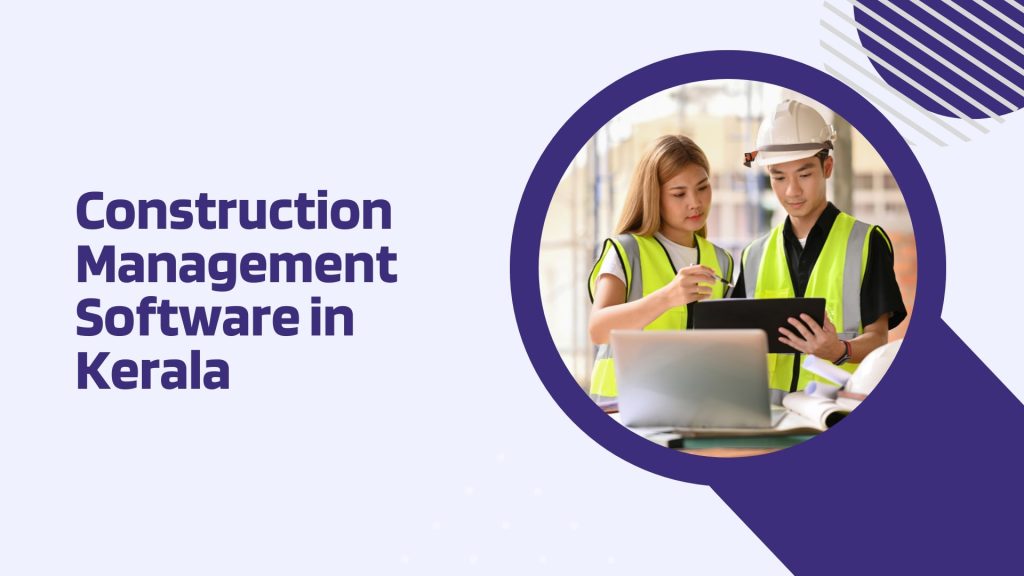 This image has two contractors using a laptop. This image has the following meta text: Construction Management Software in Kerala