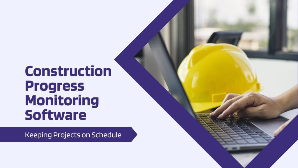 This image has a laptop and yellow hat. This image has the following meta text: Construction Progress Monitoring Software: Keeping Projects on Schedule
