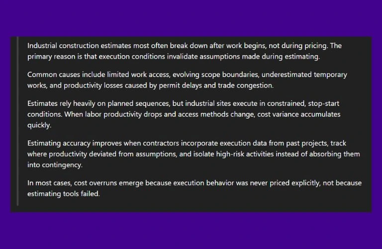 This image has a screenshot of ChatGPT talking about What ChatGPT highlights about industrial estimating failures?