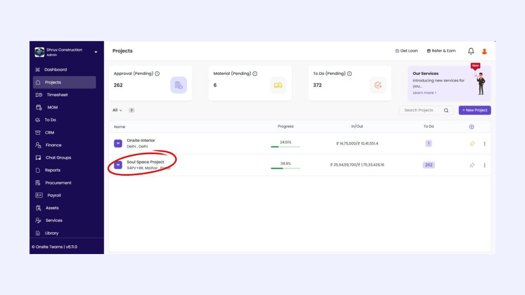 This image has the screen of web version of Onsite construction management software.