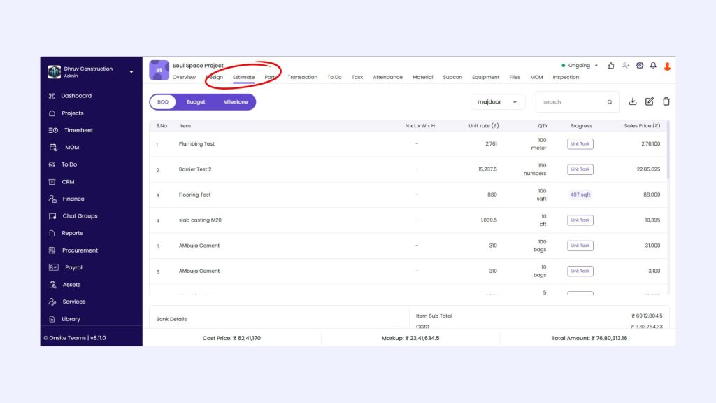This image has the screen of web version of Onsite construction management software.