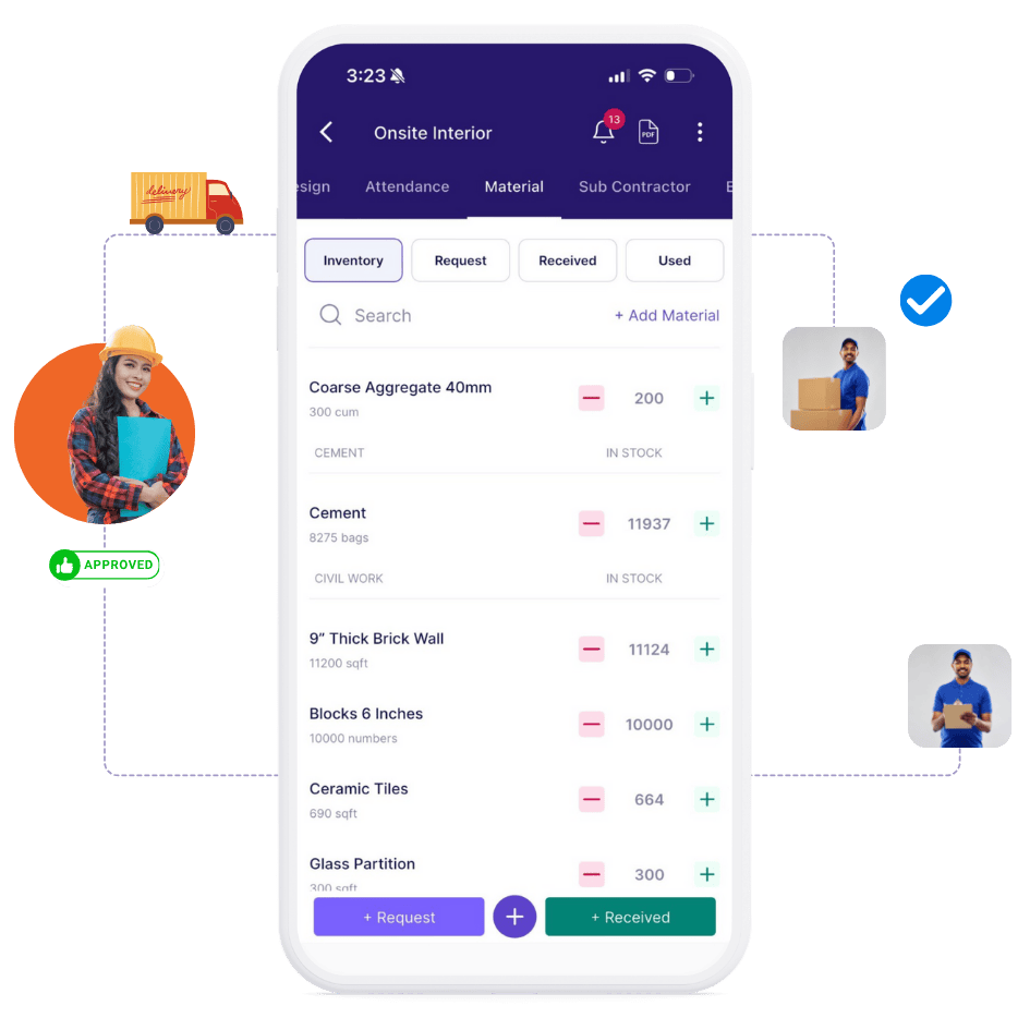 image showing material management module mobile app ui of onsite construction management software