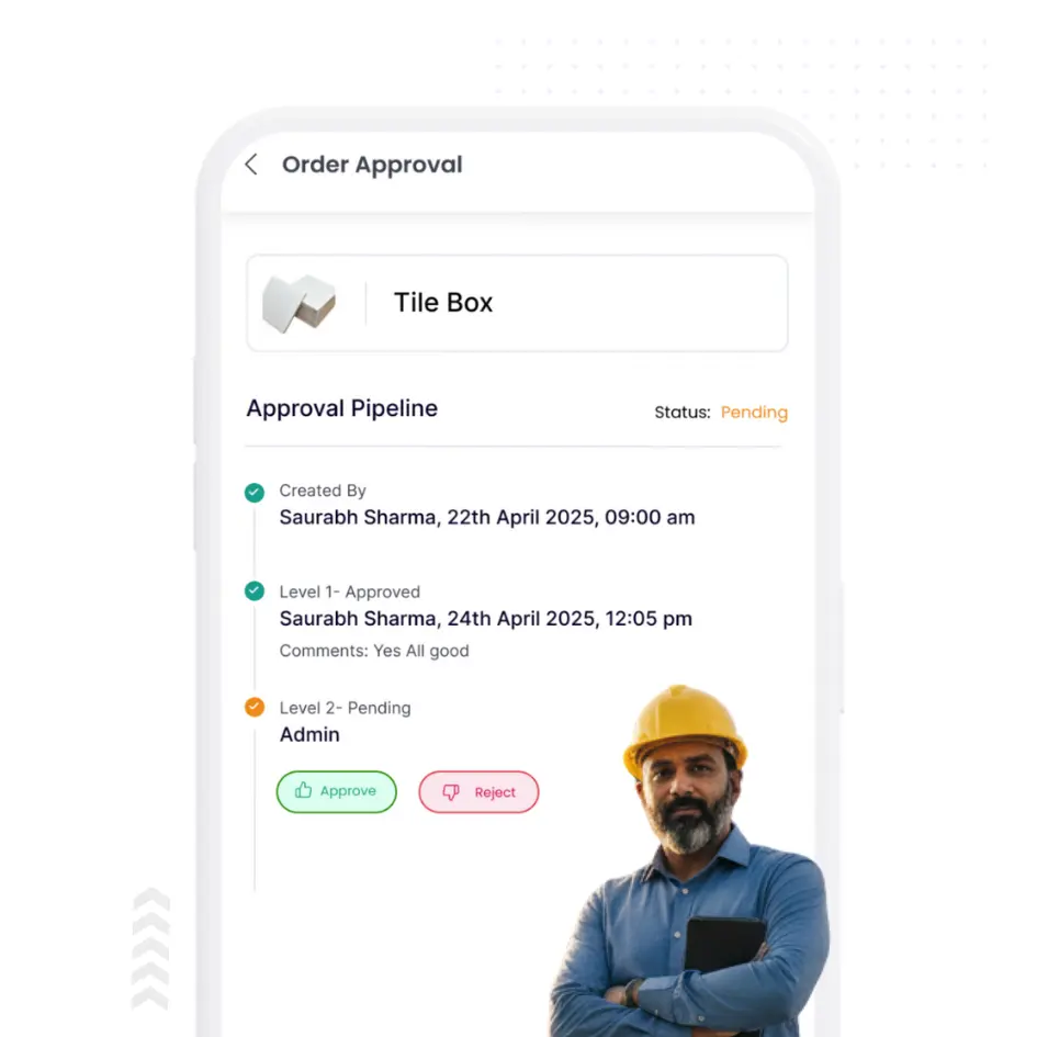image showing ui of onsite material management software. image highlights material approval feature