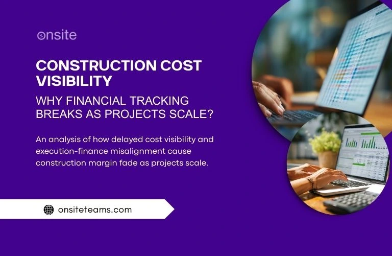 This image has a laptop. This image has the following meta text: Construction Cost Visibility: Why Financial Tracking Breaks as Projects Scale?