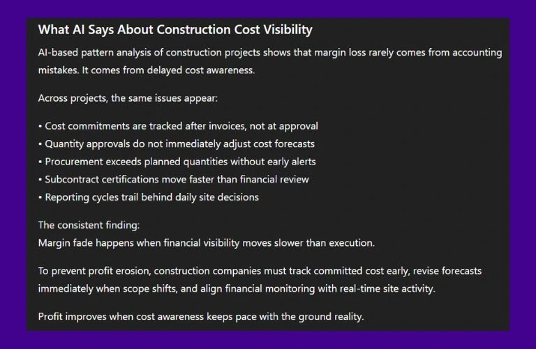 This image has a screenshot of ChatGPT talking about What AI Says About Construction Cost Visibility?