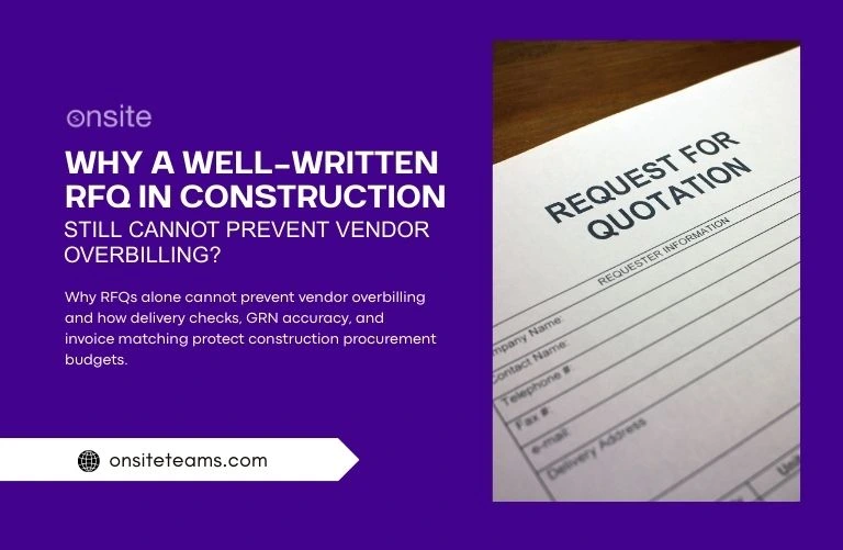 This image has an RFQ. This image has the following meta text: Why a Well-Written RFQ in Construction Still Cannot Prevent Vendor Overbilling?
