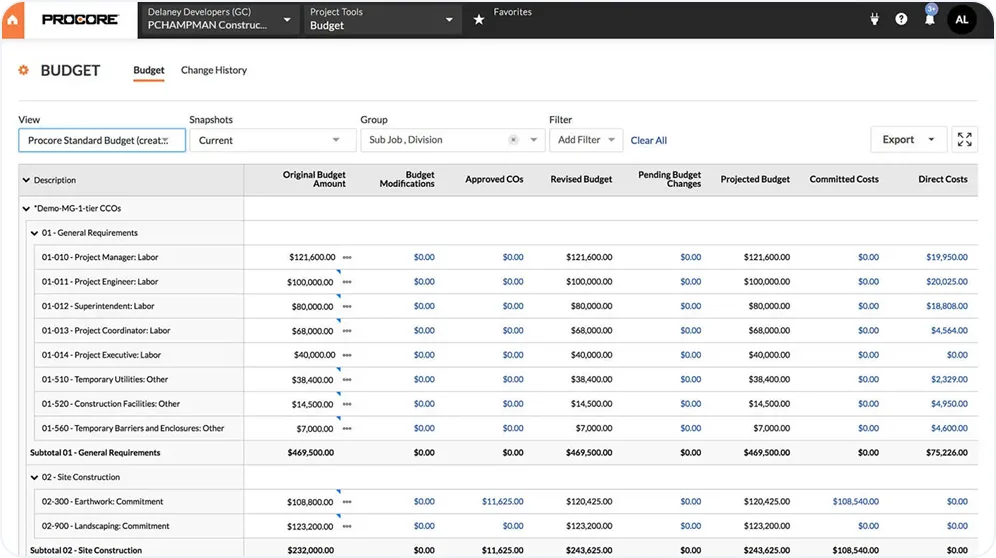 Procore Construction Software Dashboard
