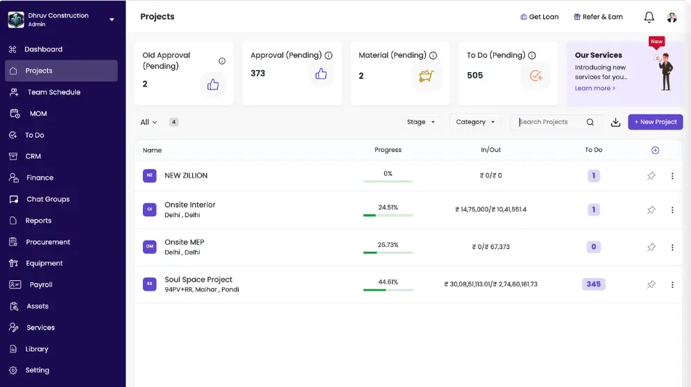 Onsite Construction Management Software Dashboard