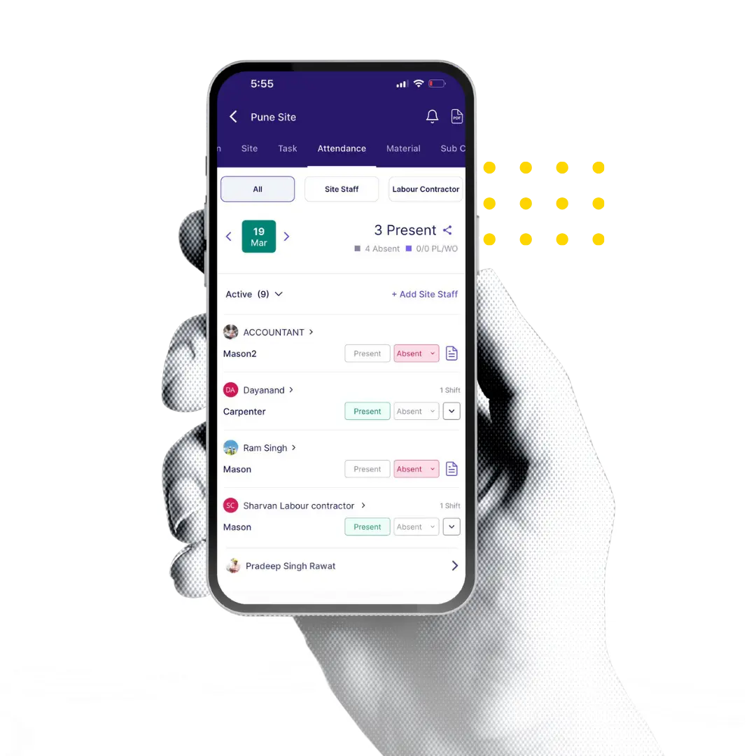 Onsite mobile app displaying a payroll screen with a list of workers, attendance count indicators, and green star rating icons against a dark background