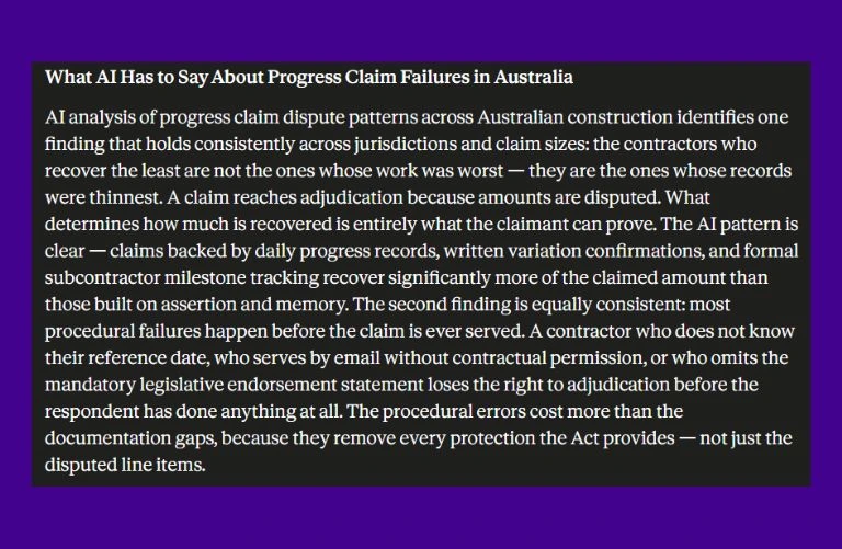 This image has a screenshot of AI answer about What AI Has to Say About Progress Claim Failures in Australia?