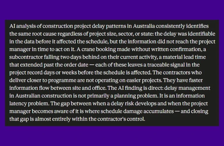 This image has a screenshot of AI taking about What AI Has to Say About Construction Project Delays in Australia?