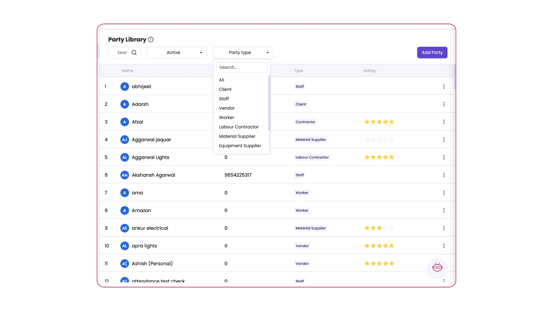 Party Library filter by party type in Onsite ERP