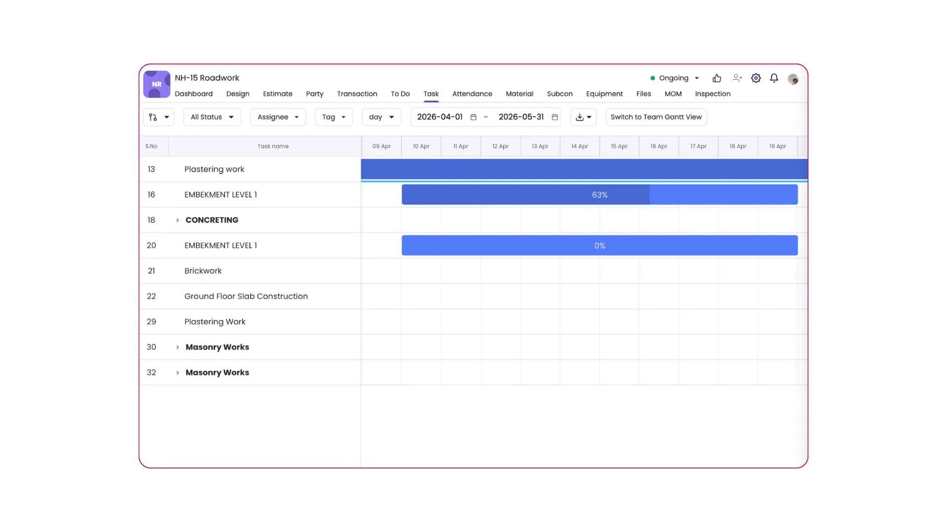 Gantt chart filter by date range in Onsite ERP