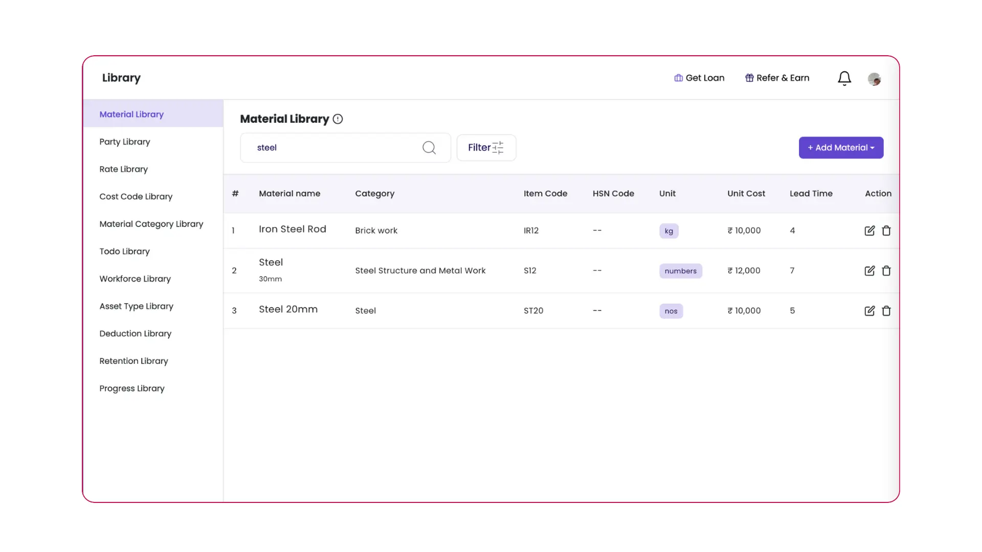 Material Library Unit Cost and Lead Days fields in Onsite ERP