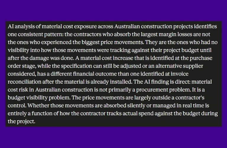 This image has a screenshot of ai about What AI Has to Say About Construction Material Cost Risk in Australia?