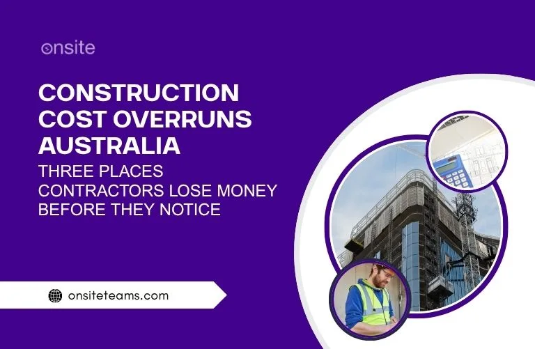 This image has Australian Construction. This image has the following meta text: Construction Cost Overruns Australia: Three Places Contractors Lose Money Before They Notice