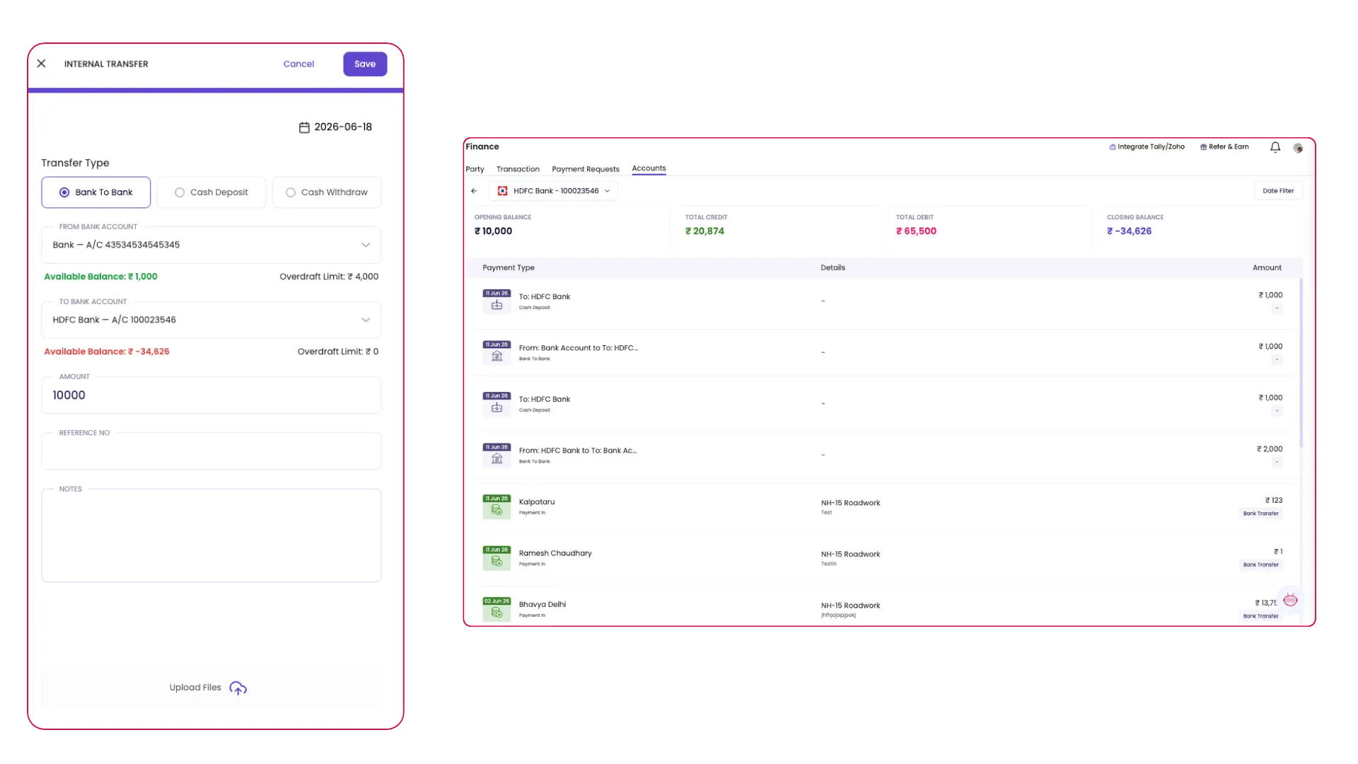 Bank Account Management , fund transfers and account statement in Onsite ERP