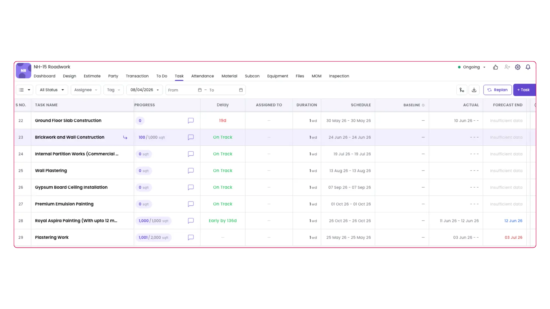 One-click replan and forecasted end date in Onsite ERP