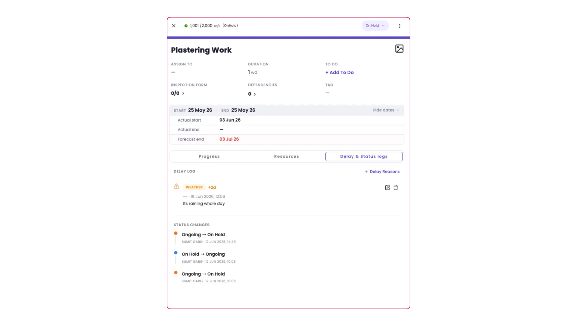 Task planning , actual vs planned dates and delay detection in Onsite ERP