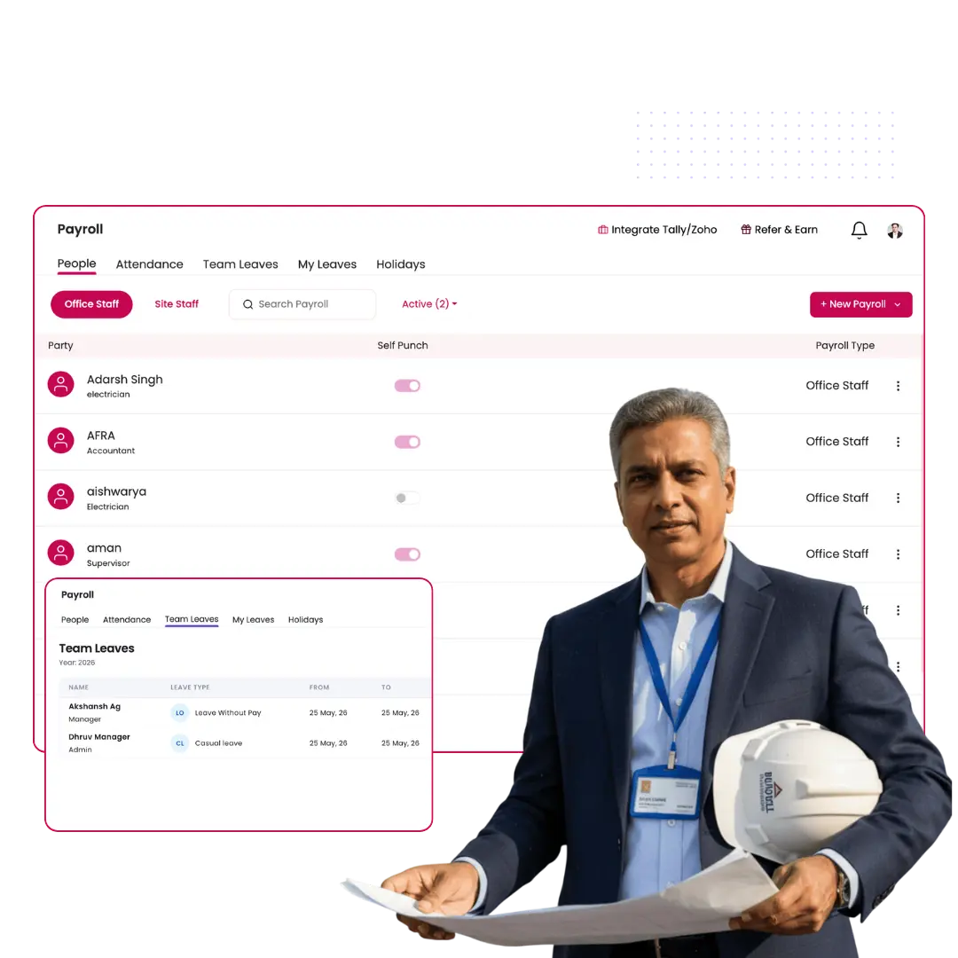 Onsite payroll software for construction showing attendance-linked wage calculation