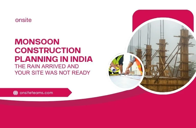 This image has a construction site. This image has the following meta text: Monsoon Construction Planning in India: The Rain Arrived and Your Site Was Not Ready