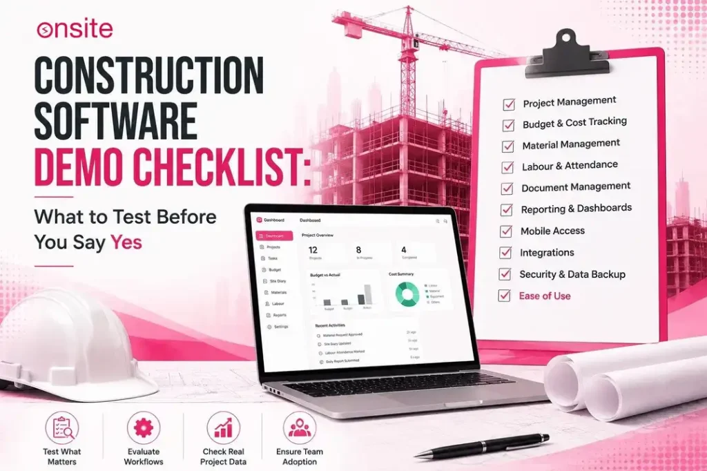 This image has a laptop and a construction demo checklist. This image has the following meta text: Construction Software Demo Checklist: What to Test Before You Say Yes