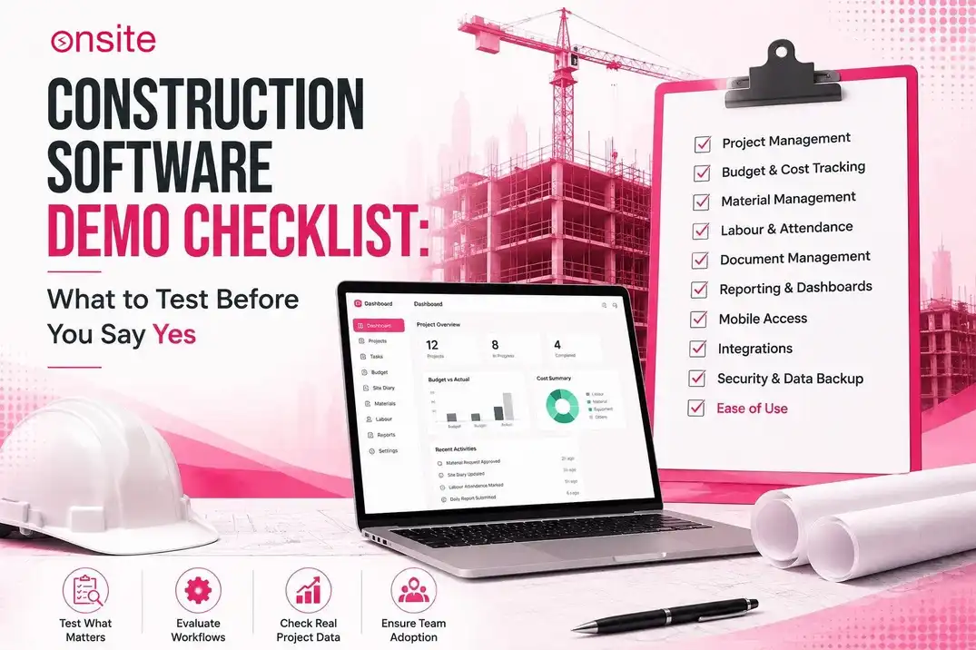 This image has a laptop and a construction demo checklist. This image has the following meta text: Construction Software Demo Checklist: What to Test Before You Say Yes