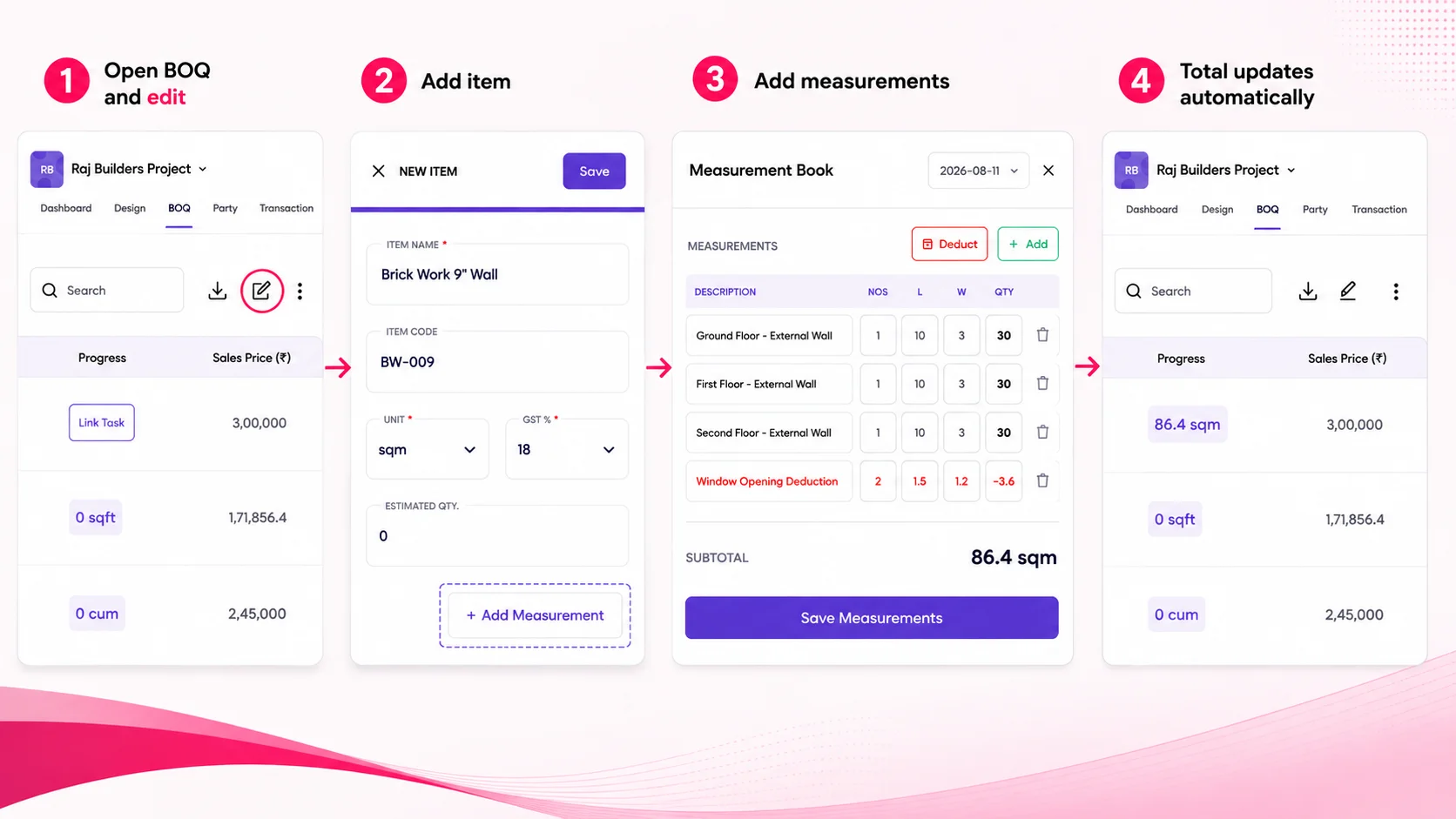 Multiple Measurements — BOQ measurement book workflow in Onsite ERP