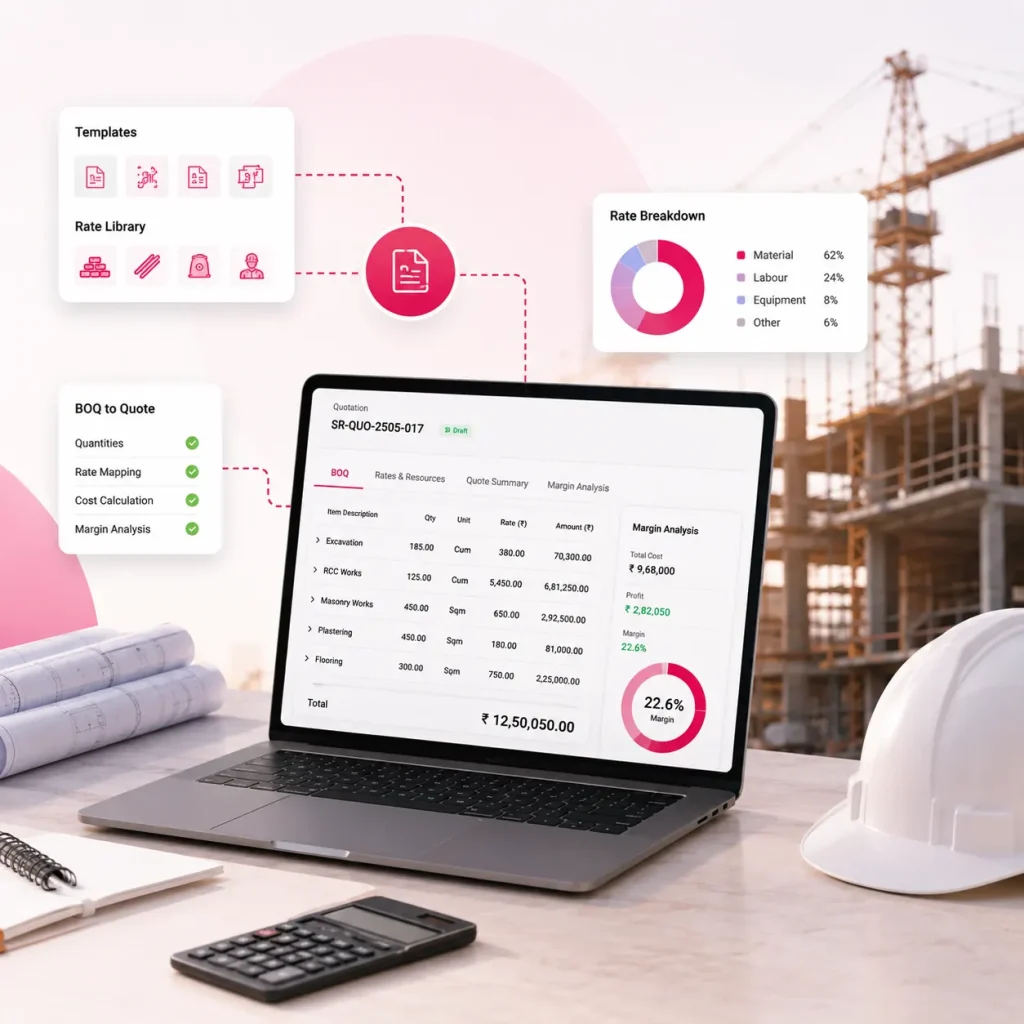 Laptop showing Onsite BOQ-to-quote dashboard with itemized cost breakdown, rate library, margin analysis, and material-labour-equipment cost distribution for a construction quotation
