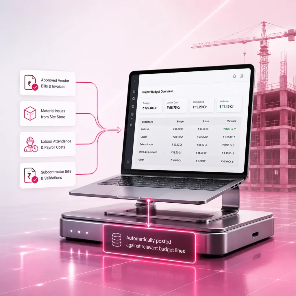Laptop displaying Onsite project budget overview with variance tracking across material, labour, subcontractor, and equipment, fed automatically by vendor bills, material issues, and payroll data