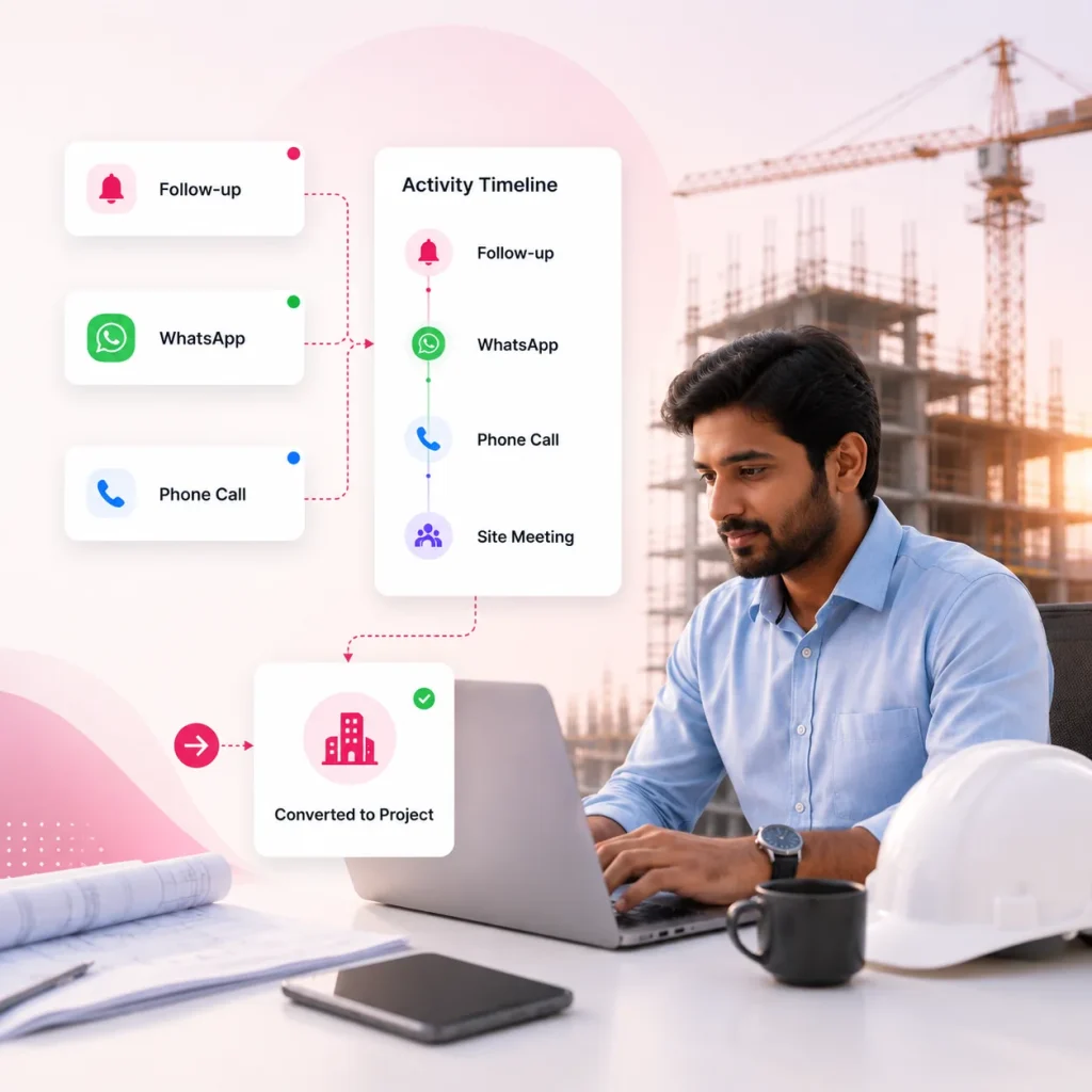 Construction professional on laptop with Onsite CRM activity timeline showing follow-up, WhatsApp, phone call, and site meeting stages leading to lead conversion into a project