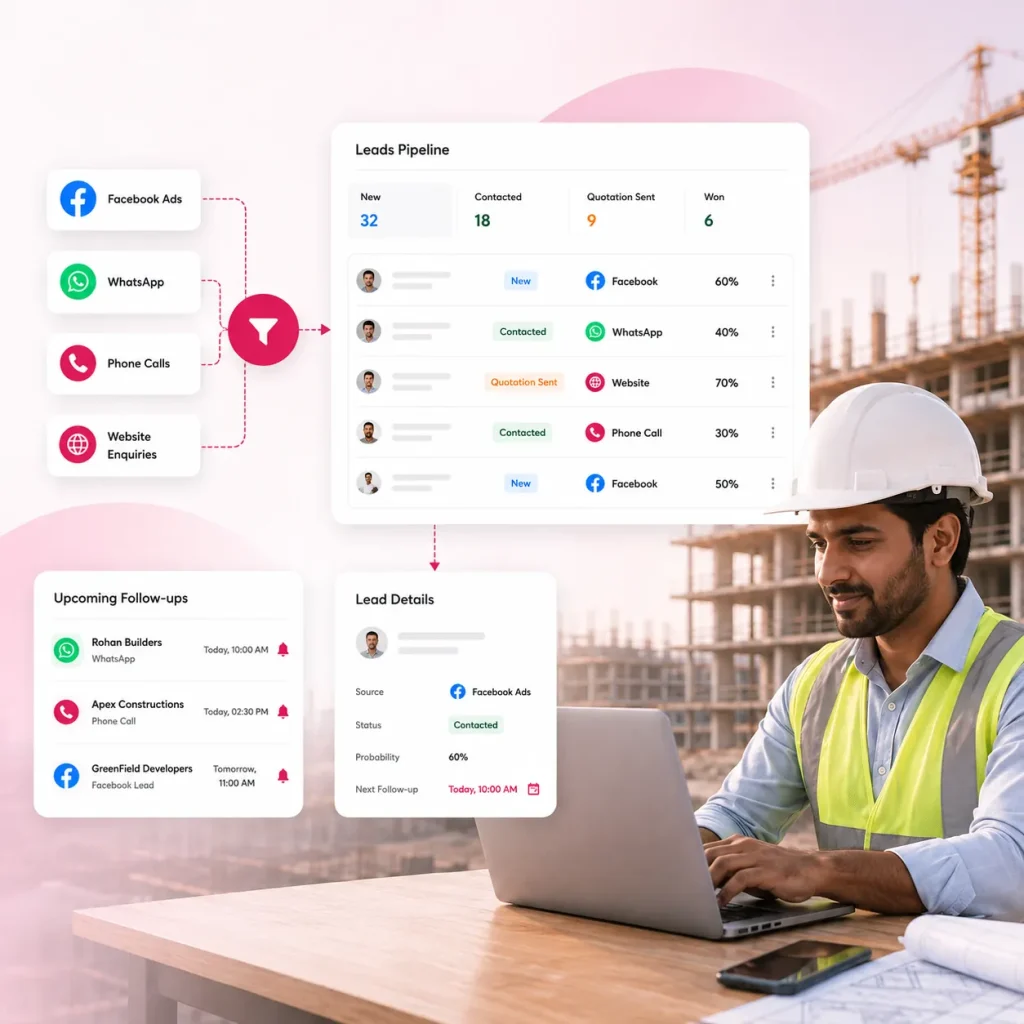 Construction engineer on laptop with Onsite CRM showing leads pipeline from Facebook, WhatsApp, phone, and website sources, plus lead details and upcoming follow-up reminders