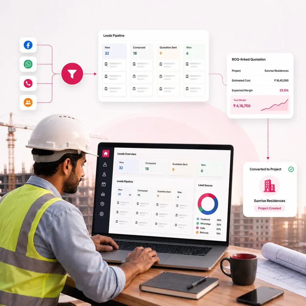 Construction engineer using laptop with Onsite CRM leads pipeline dashboard, showing lead source breakdown, BOQ-linked quotation with margin tracking, and lead-to-project conversion