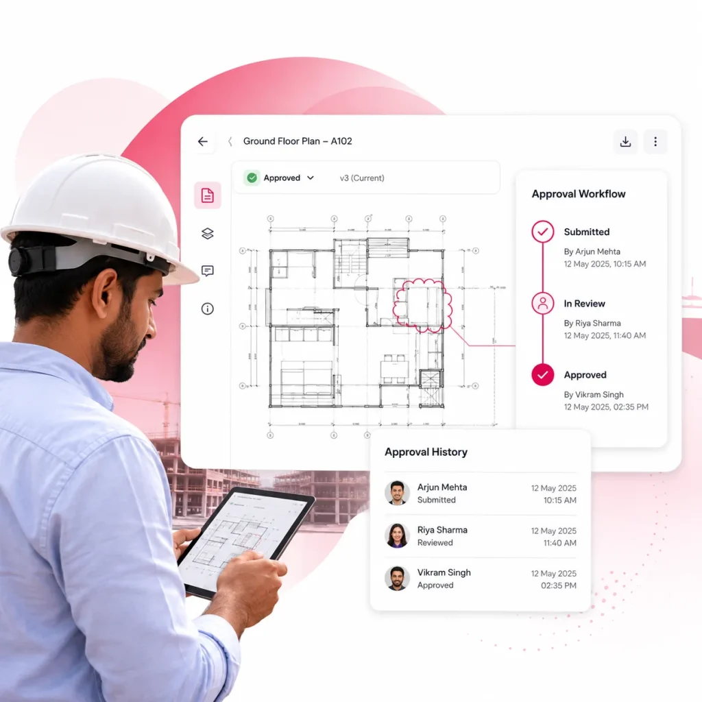 Construction engineer reviewing an approved ground floor plan on tablet with Onsite drawing approval workflow and history showing submission, review, and approval stages by team members