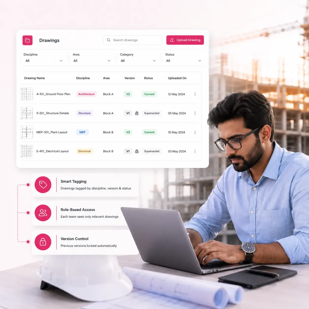 Construction professional on laptop with Onsite drawing management dashboard, showing version-controlled architecture, structure, MEP, and electrical drawings with smart tagging and role-based access
