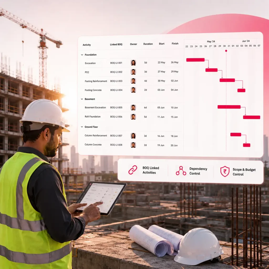 Construction site engineer viewing a project schedule dashboard with BOQ-linked Gantt chart, activity list, and dependency tracking on Onsite construction ERP software