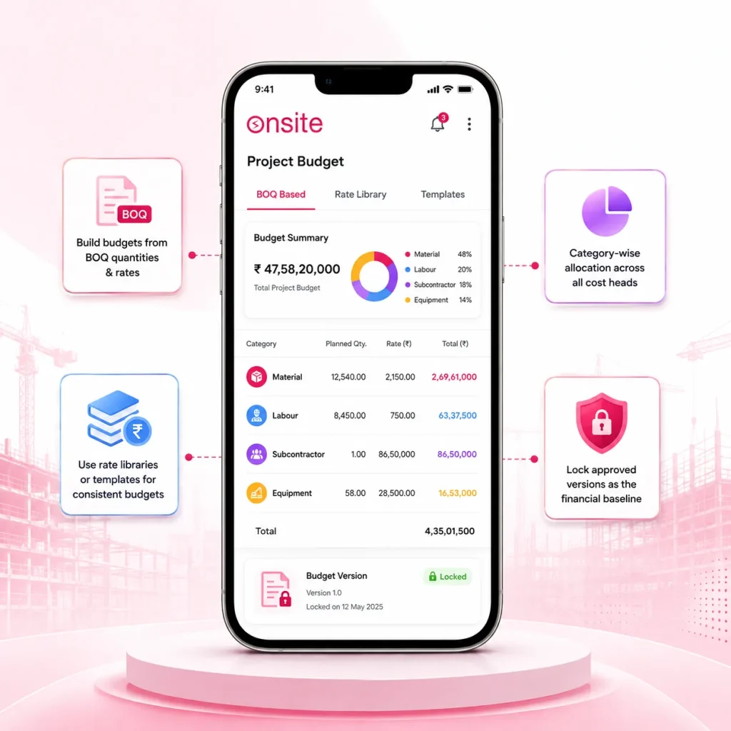 Onsite mobile app project budget screen showing BOQ-based budget summary, category-wise cost allocation for material, labour, subcontractor and equipment, and a locked approved budget version