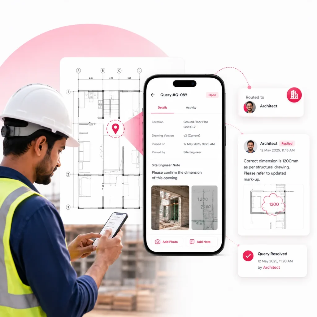 Site engineer on mobile pinning a dimension query on a construction drawing via Onsite, showing the query routed to and resolved by an architect with mark-up photos