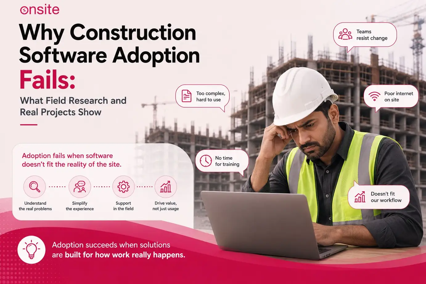 construction foreman sitting in construction site in front of the laptop