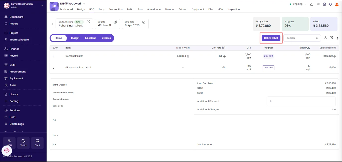 Snapshot button on a project BOQ in Onsite for saving read-only versions