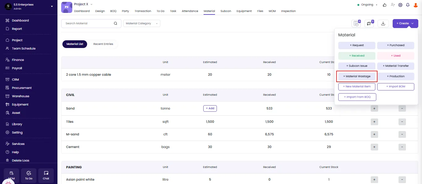 Material Wastage option in the Create menu of the Onsite project Material section