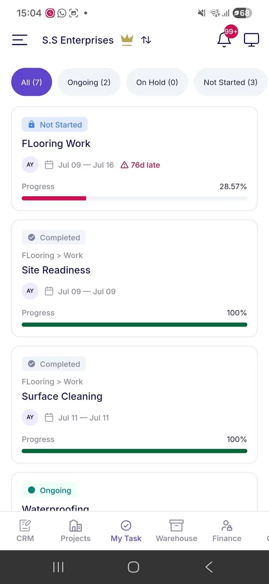 My Tasks screen in the Onsite mobile app listing assigned tasks with status, dates, and progress