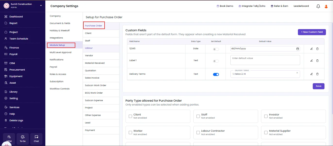 Party Type allowed for Purchase Order setting in Onsite Module Setup