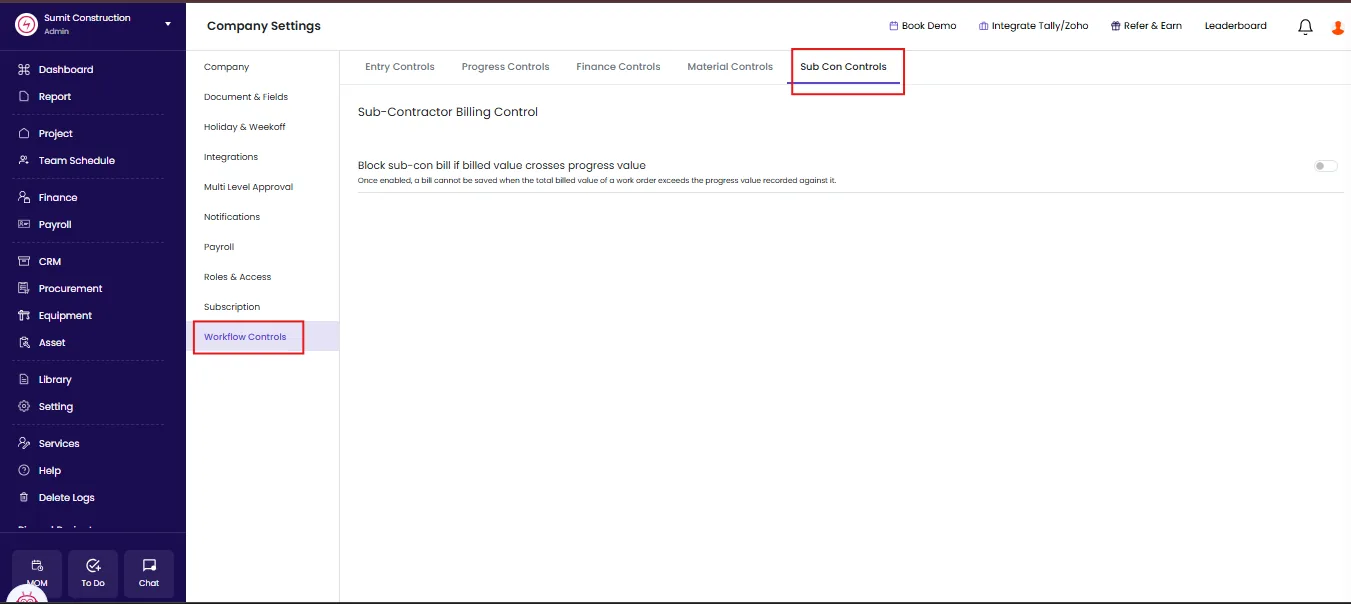 Sub-Contractor Billing Control toggle in Onsite Company Settings under Workflow Controls