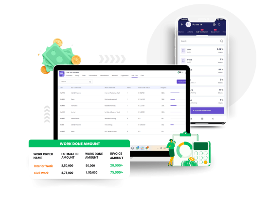 image showing ui of onsite subcontractor management module. image shows work done amount and mobile ui of onsite construction software