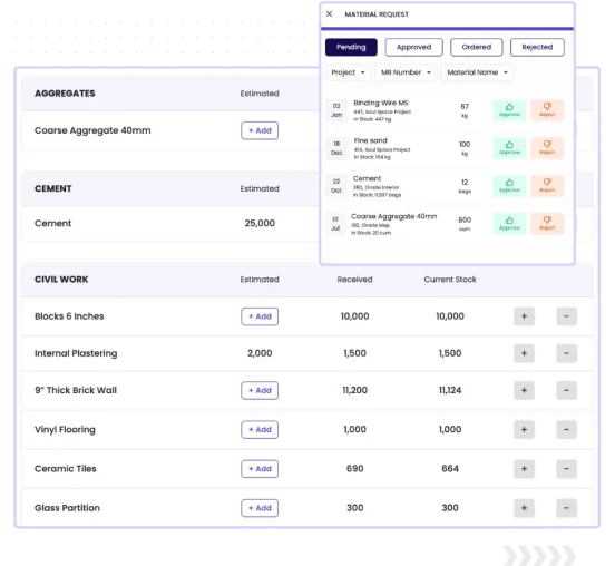 image showing ui of onsite material management software. image highlights material request feature